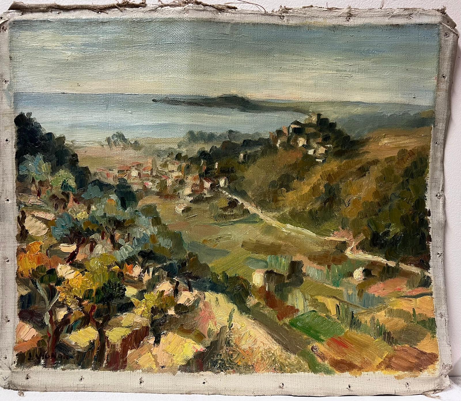 Huile post-impressionniste française des années 1950 Paysage de ville maritime côtière - Painting de Josine Vignon