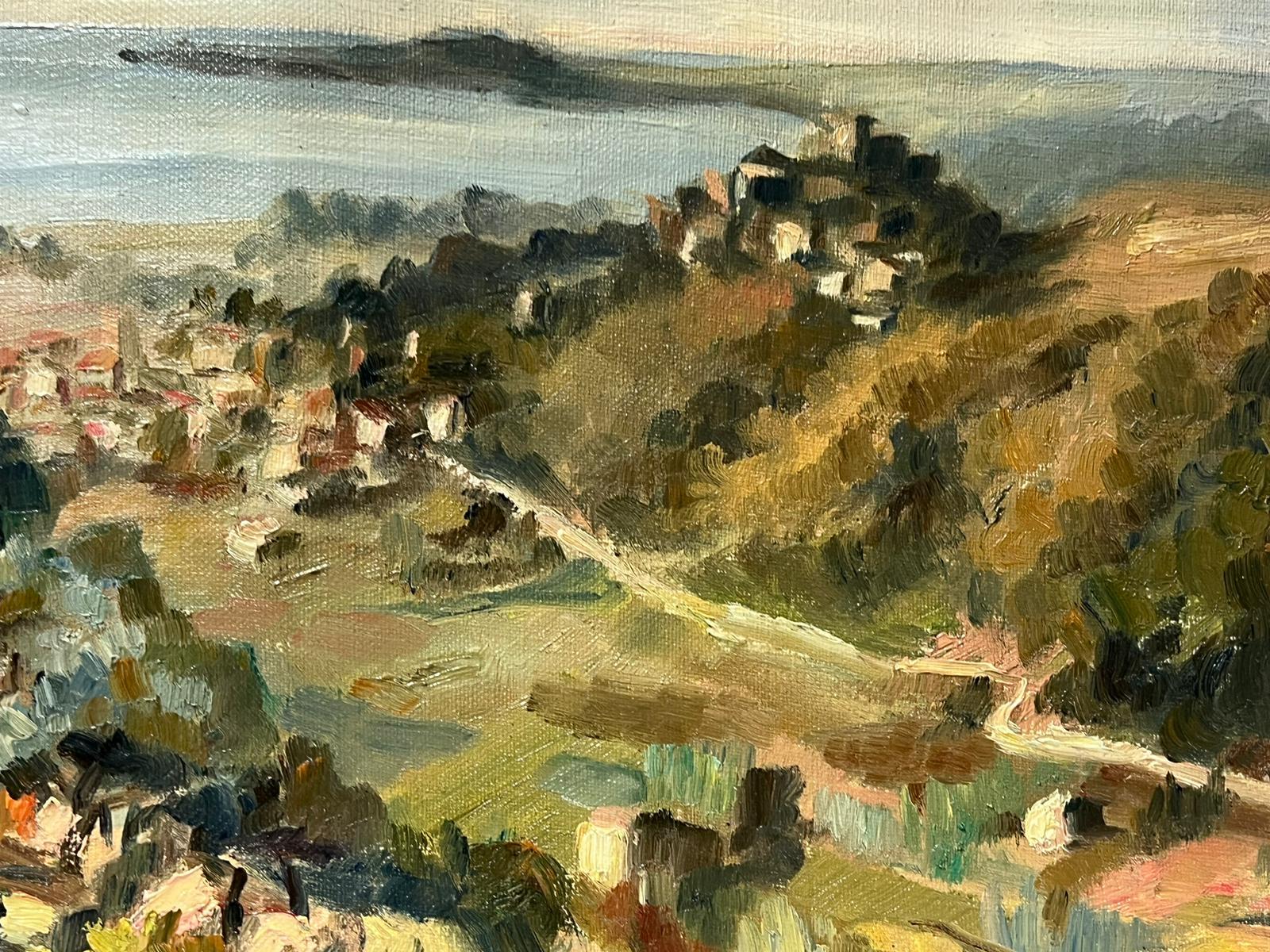 Huile post-impressionniste française des années 1950 Paysage de ville maritime côtière en vente 2
