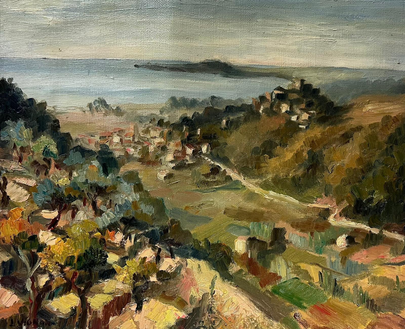 Landscape Painting Josine Vignon - Huile post-impressionniste française des années 1950 Paysage de ville maritime côtière