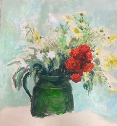 Vintage 1950s French Post Impressionist Oil Painting Array Of Flowers In Green Vase