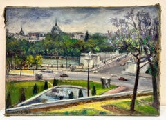 1950's French Post Impressionist Oil Painting Busy Paris River Scene & Bridge