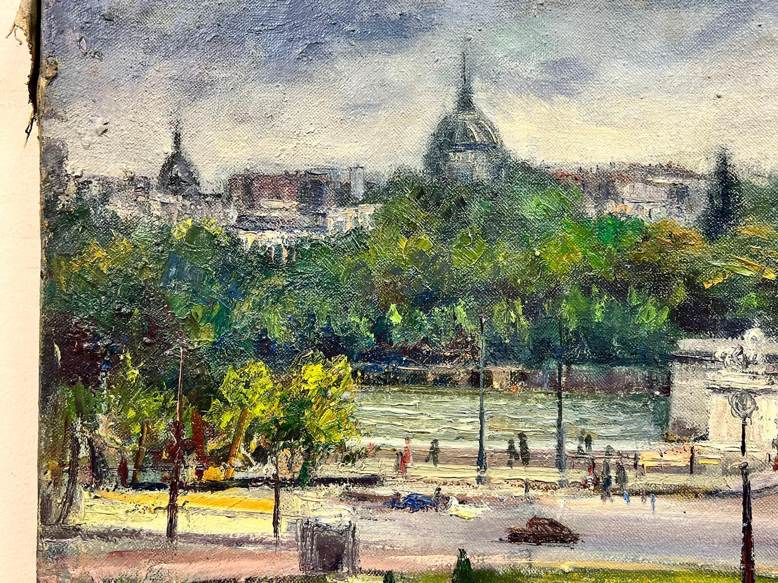 Paris
by Josine Vignon (French 1922-2022)
signed
oil painting on canvas, unframed

canvas: 18 x 26 inches

Colors: Green colors, grey, blue, brown and yellow

Very good condition, though the stretcher bar indentation shows at the top edge.