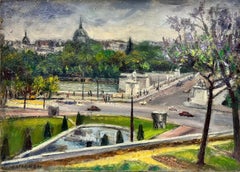 1950's French Post Impressionist Oil Painting Busy Paris River Scene & Bridge