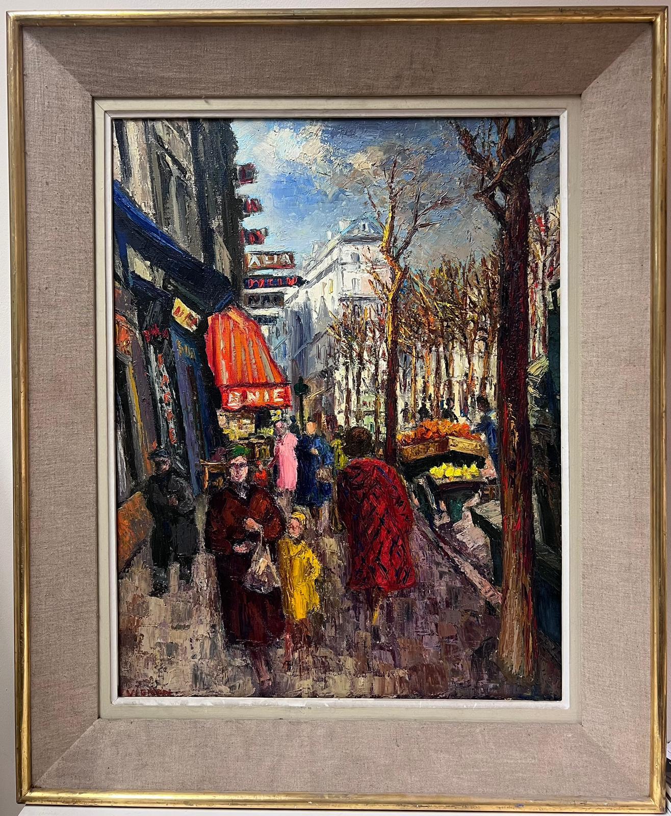 Französisches postimpressionistisches Ölgemälde, Busy Pariser Straßenszene, Figuren, 1950er Jahre – Painting von Josine Vignon