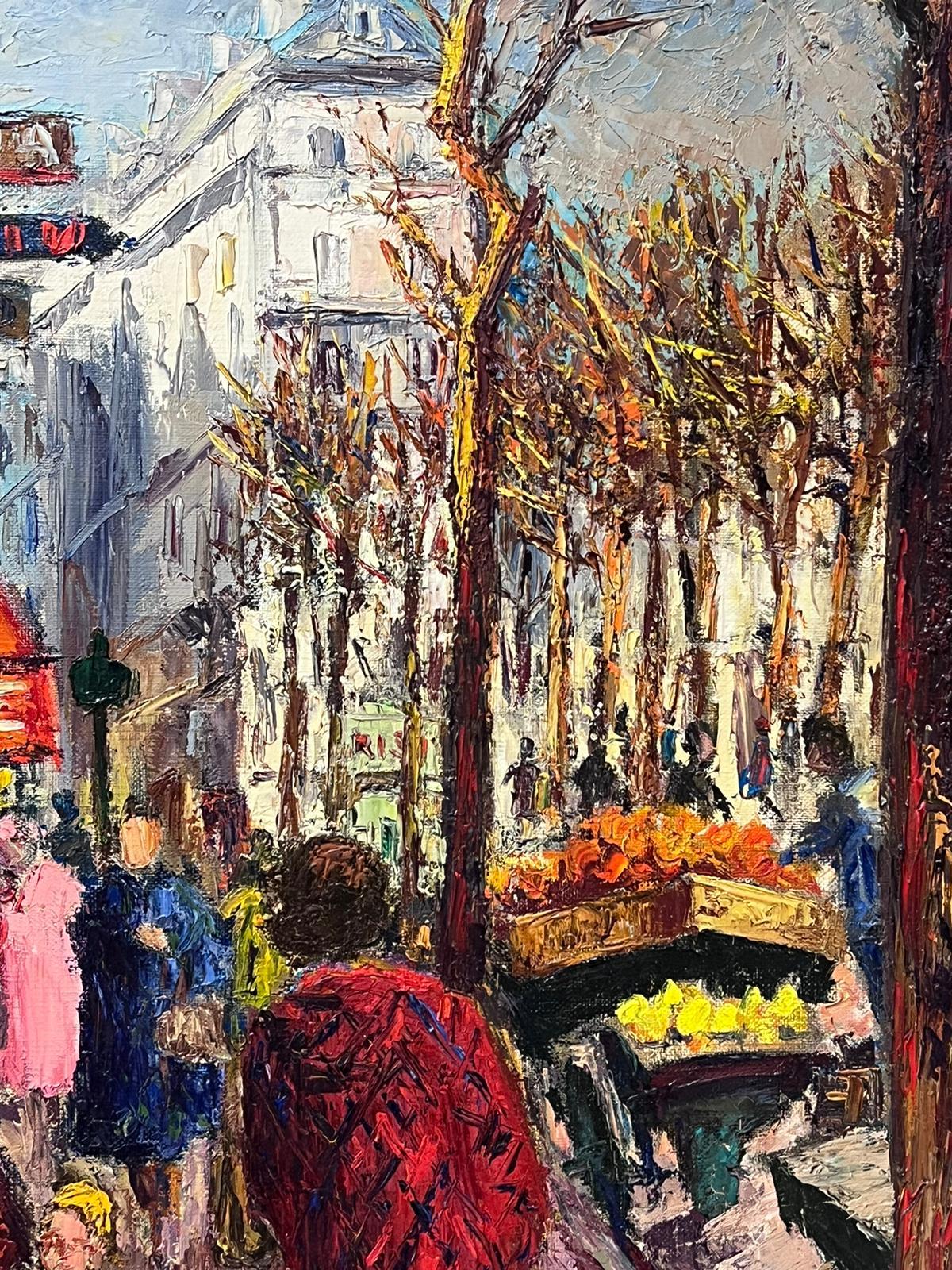1950s French Post Impressionist Oil Painting Busy Paris Street Scene Figures For Sale 3