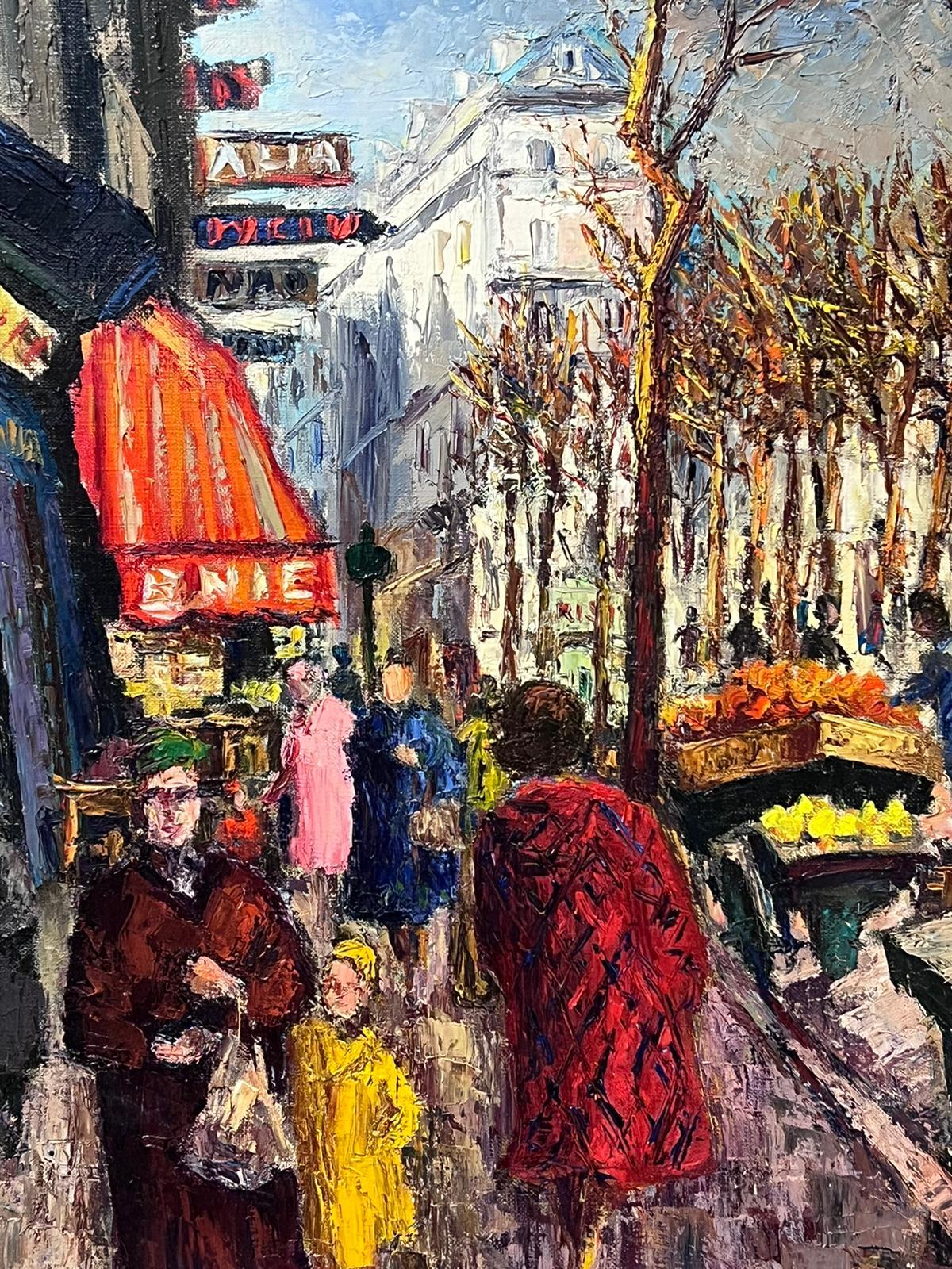 1950s French Post Impressionist Oil Painting Busy Paris Street Scene Figures For Sale 6