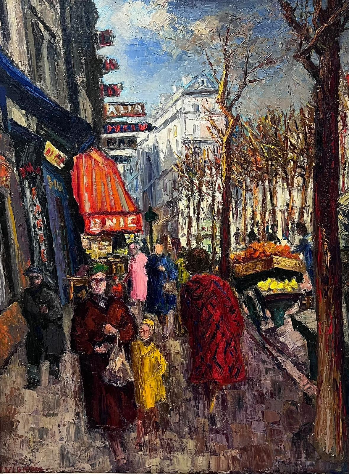 Peinture à l'huile post-impressionniste française des années 1950, scène de rue parisienne animée, personnages