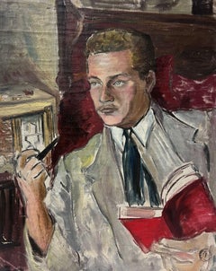 Peinture à l'huile post-impressionniste française des années 1950 Portrait d'un homme élégant fumant la pipe