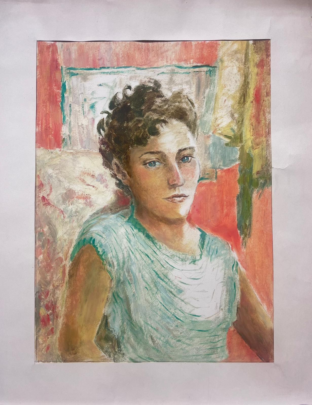 Französisches postimpressionistisches Ölgemälde, Porträt einer Pensive-Dame, 1950er Jahre  – Painting von Josine Vignon