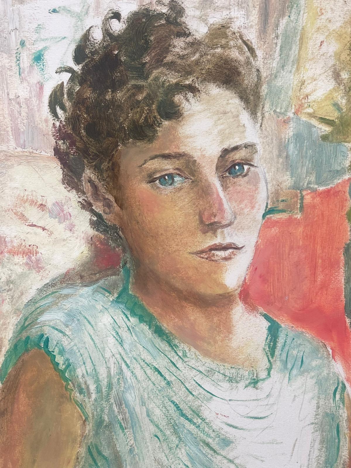 Französisches postimpressionistisches Ölgemälde, Porträt einer Pensive-Dame, 1950er Jahre  (Braun), Figurative Painting, von Josine Vignon