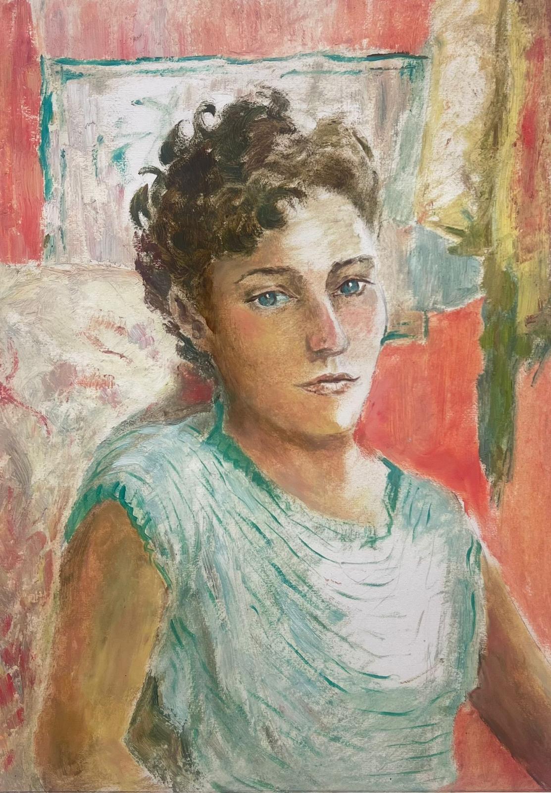 Josine Vignon Figurative Painting – Französisches postimpressionistisches Ölgemälde, Porträt einer Pensive-Dame, 1950er Jahre 