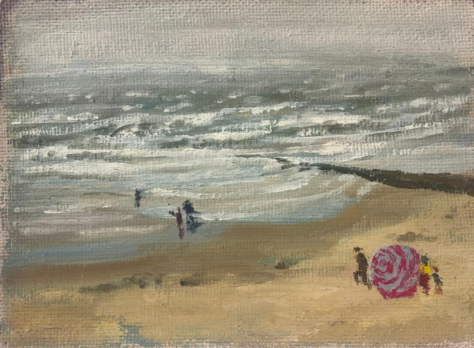 Landscape Painting Josine Vignon - Peinture à l'huile post-impressionniste française des années 1950 Plage et paysage marin balayés par le vent