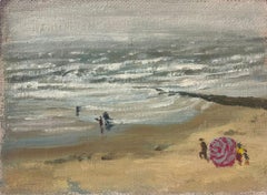 Pintura al óleo postimpresionista francesa de los años 50 Playa azotada por el viento y paisaje marino