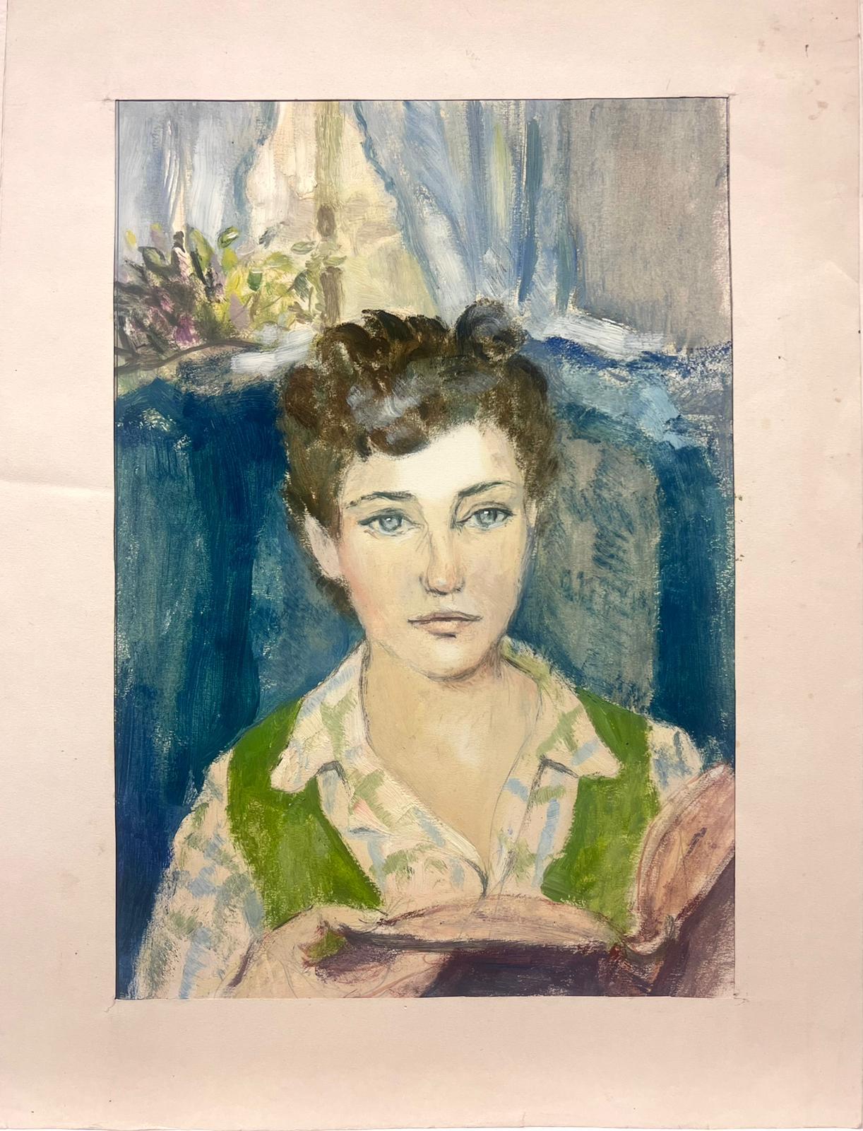 1950s French Post Impressionist Oil Painting Young Lady in Green Reading Book - Brown Portrait Painting by Josine Vignon