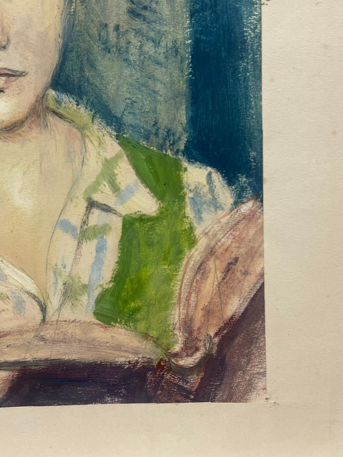1950s French Post Impressionist Oil Painting Young Lady in Green Reading Book For Sale 1