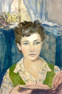 Peinture à l'huile post-impressionniste française des années 1950 Jeune femme en vert lisant un livre