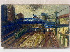 1950s French Post Impressionist Oil Paris Train Station with Train on Track
