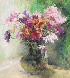 Vintage 1950s French Post Impressionist Oil Pink Flowers In Green Vase