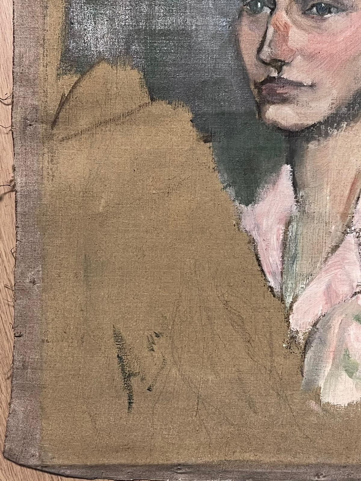 1950s French Post Impressionist Oil Self-Portrait the Artist Unfinished Sketch - Gris Figurative Painting par Josine Vignon