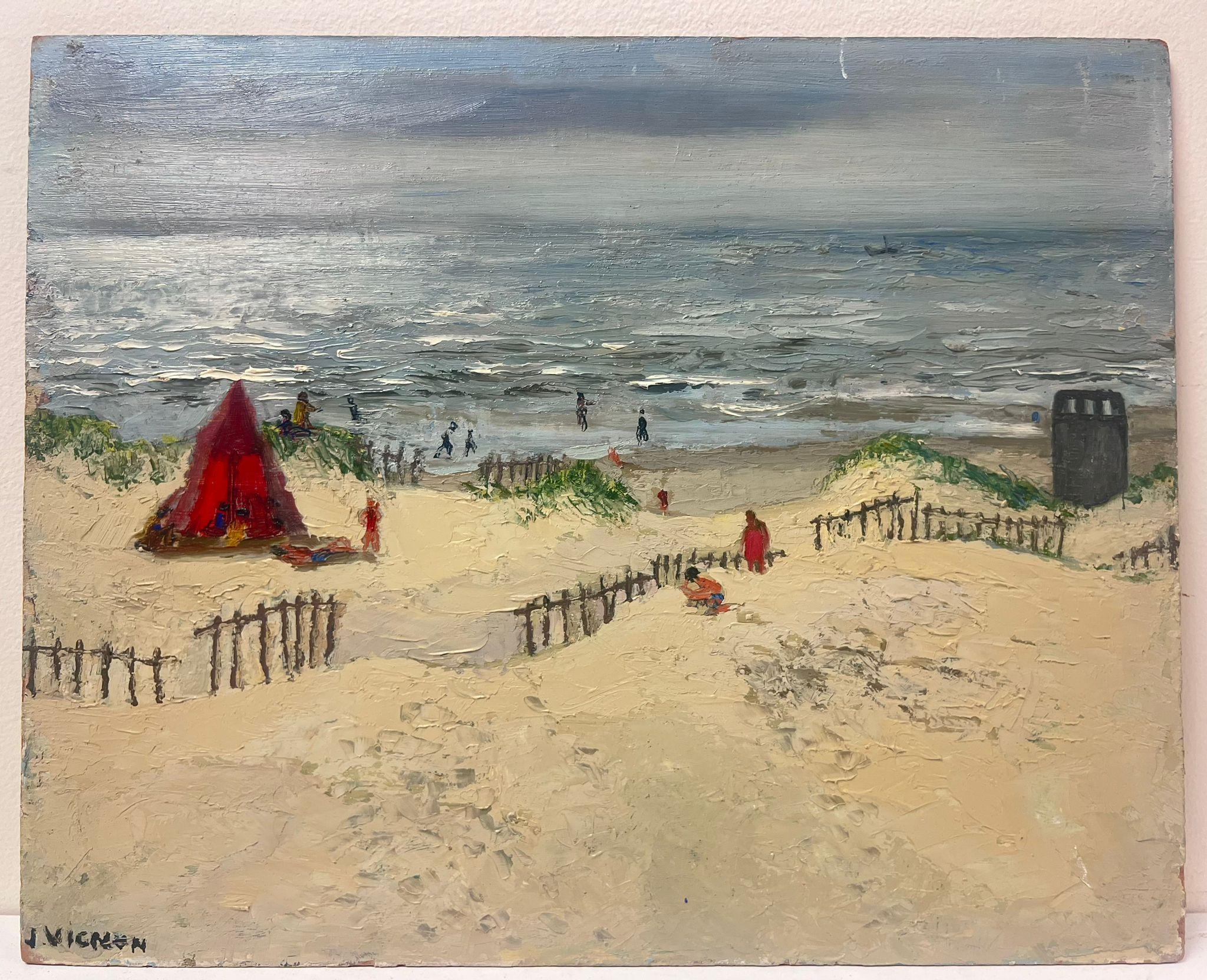 Huile post-impressionniste française des années 1950 Paysage de mer et de plage sablonneuse embrassées par le soleil - Painting de Josine Vignon
