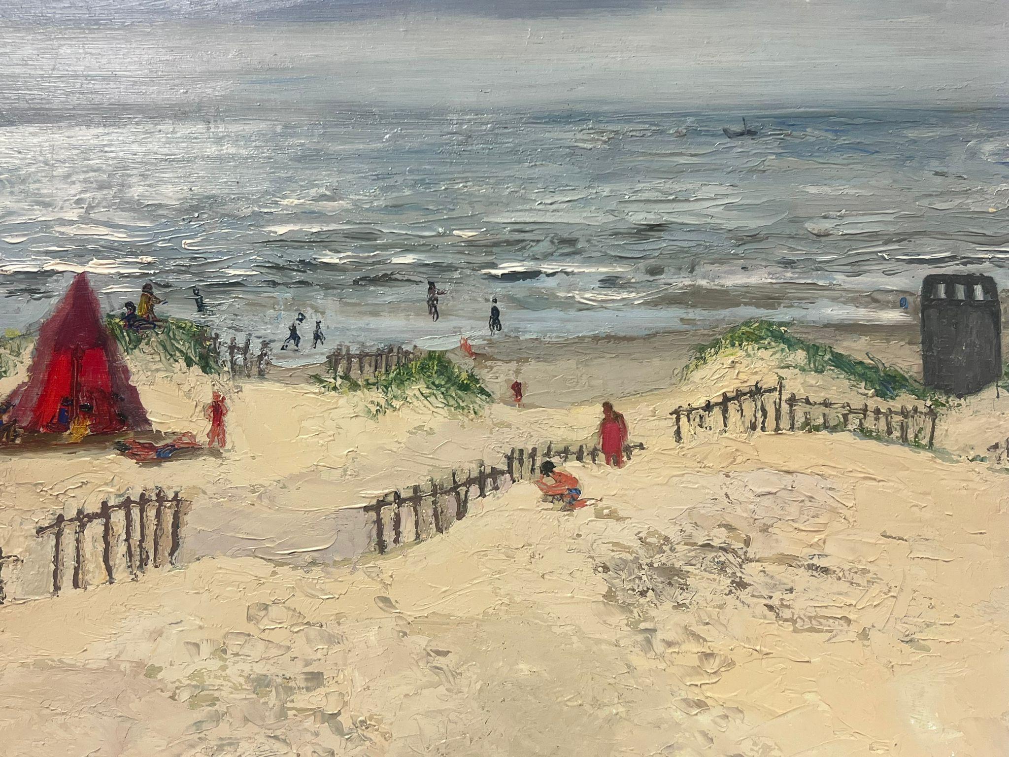 Huile post-impressionniste française des années 1950 Paysage de mer et de plage sablonneuse embrassées par le soleil en vente 1