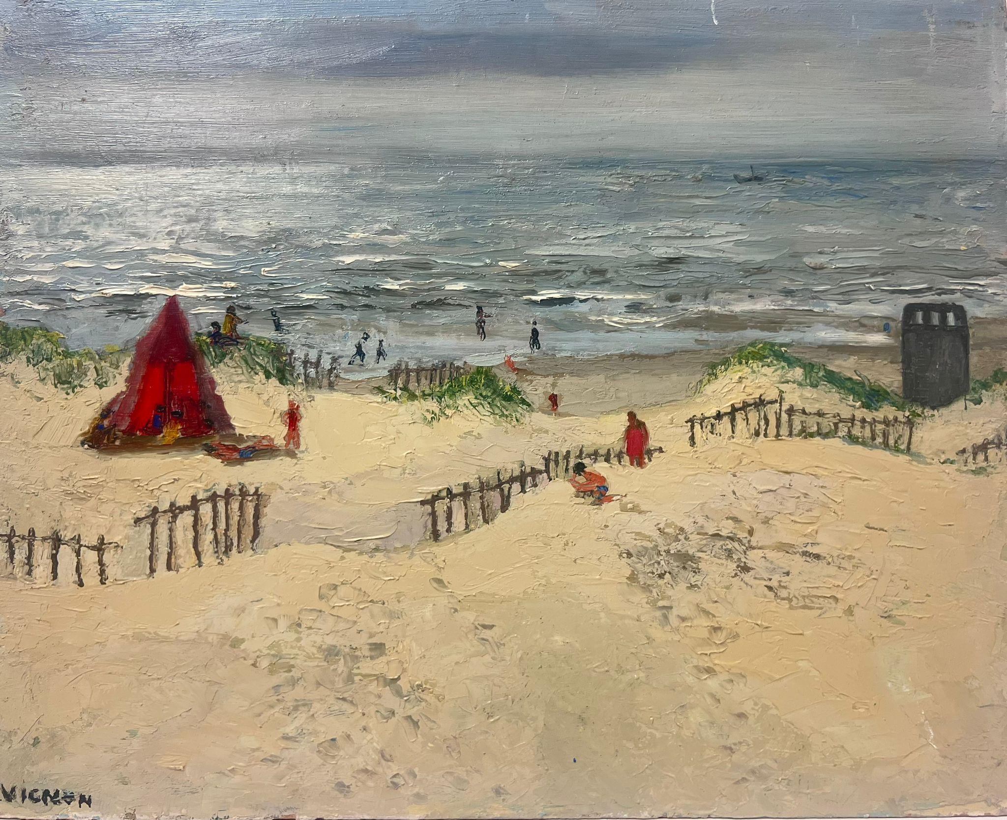 Figurative Painting Josine Vignon - Huile post-impressionniste française des années 1950 Paysage de mer et de plage sablonneuse embrassées par le soleil
