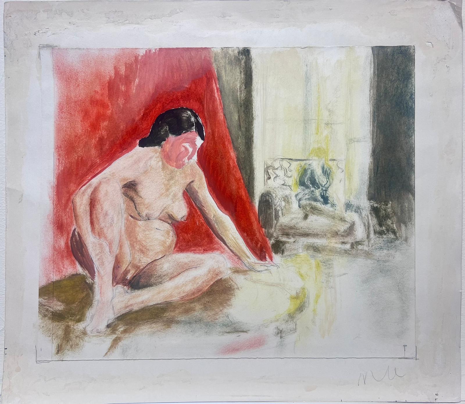 Peinture post-impressionniste française des années 1950 Modèle nu dans un intérieur parisien - Painting de Josine Vignon