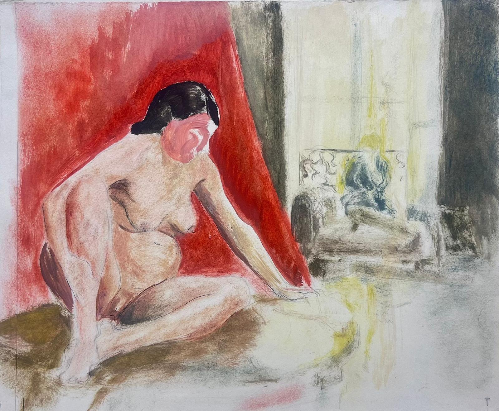 Figurative Painting Josine Vignon - Peinture post-impressionniste française des années 1950 Modèle nu dans un intérieur parisien