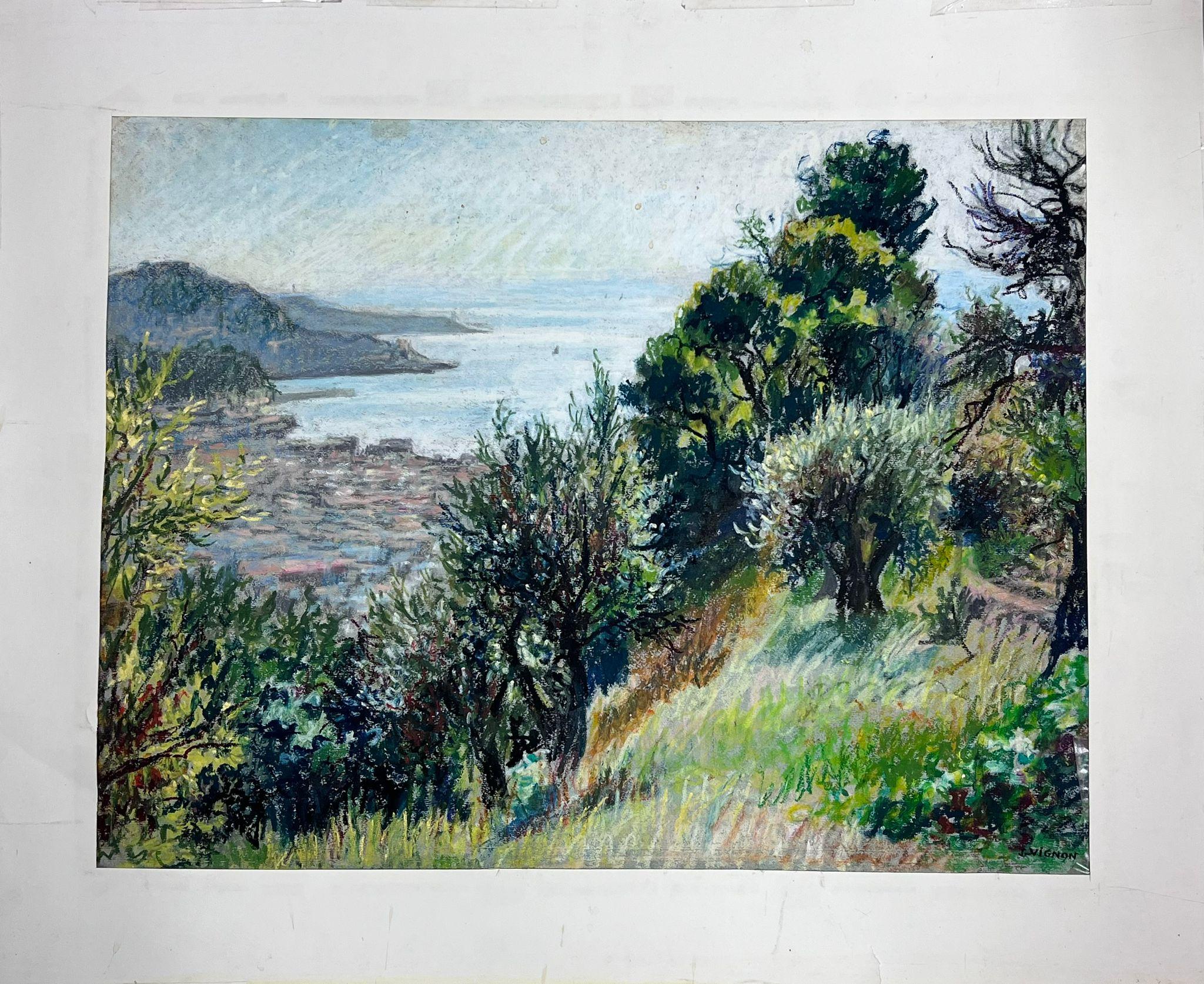1950s French Post Impressionist Provencal Olive Grove Hill Seascape  - Painting by Josine Vignon
