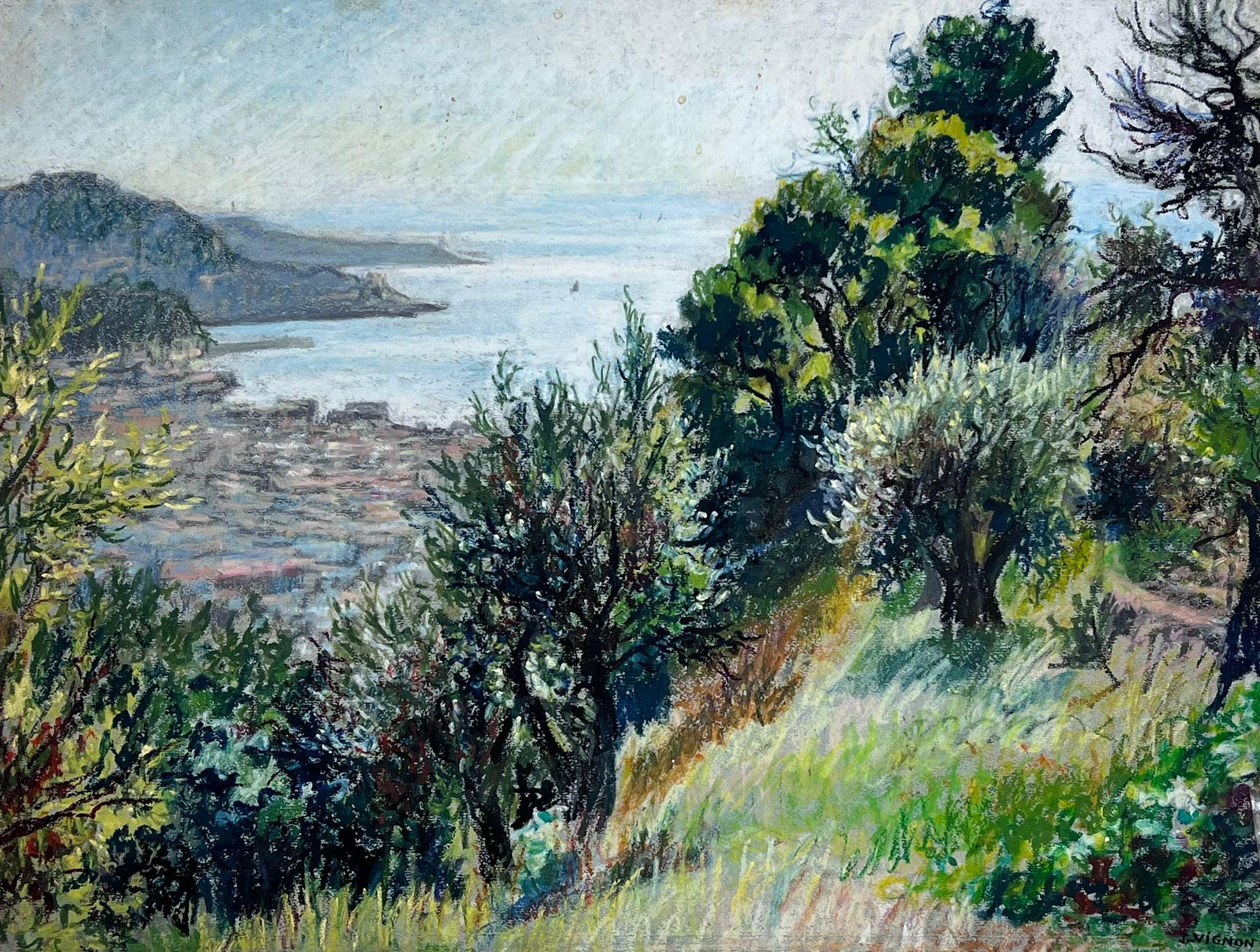 Josine Vignon Landscape Painting - 1950s French Post Impressionist Provencal Olive Grove Hill Seascape 