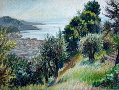 Vintage 1950s French Post Impressionist Provencal Olive Grove Hill Seascape 