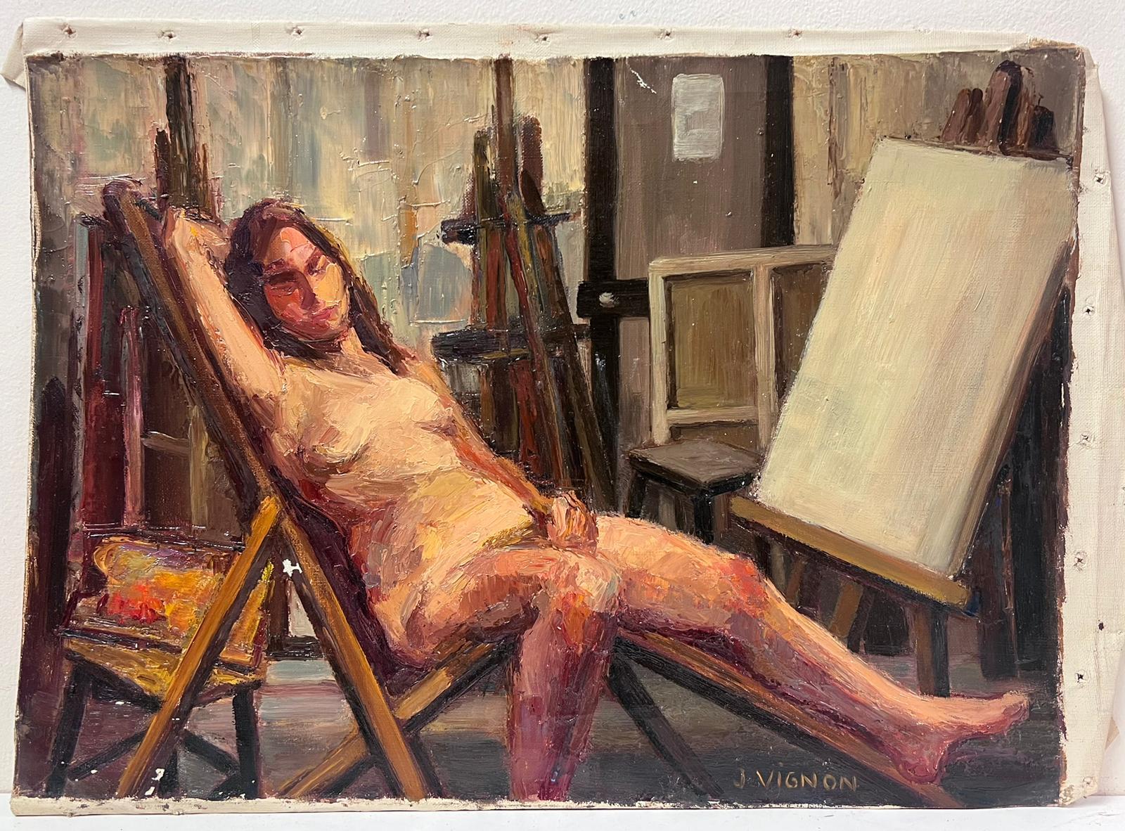 1950s French Post Impressionist Signed Nude Lady Artists Studio Interior Easels - Painting de Josine Vignon