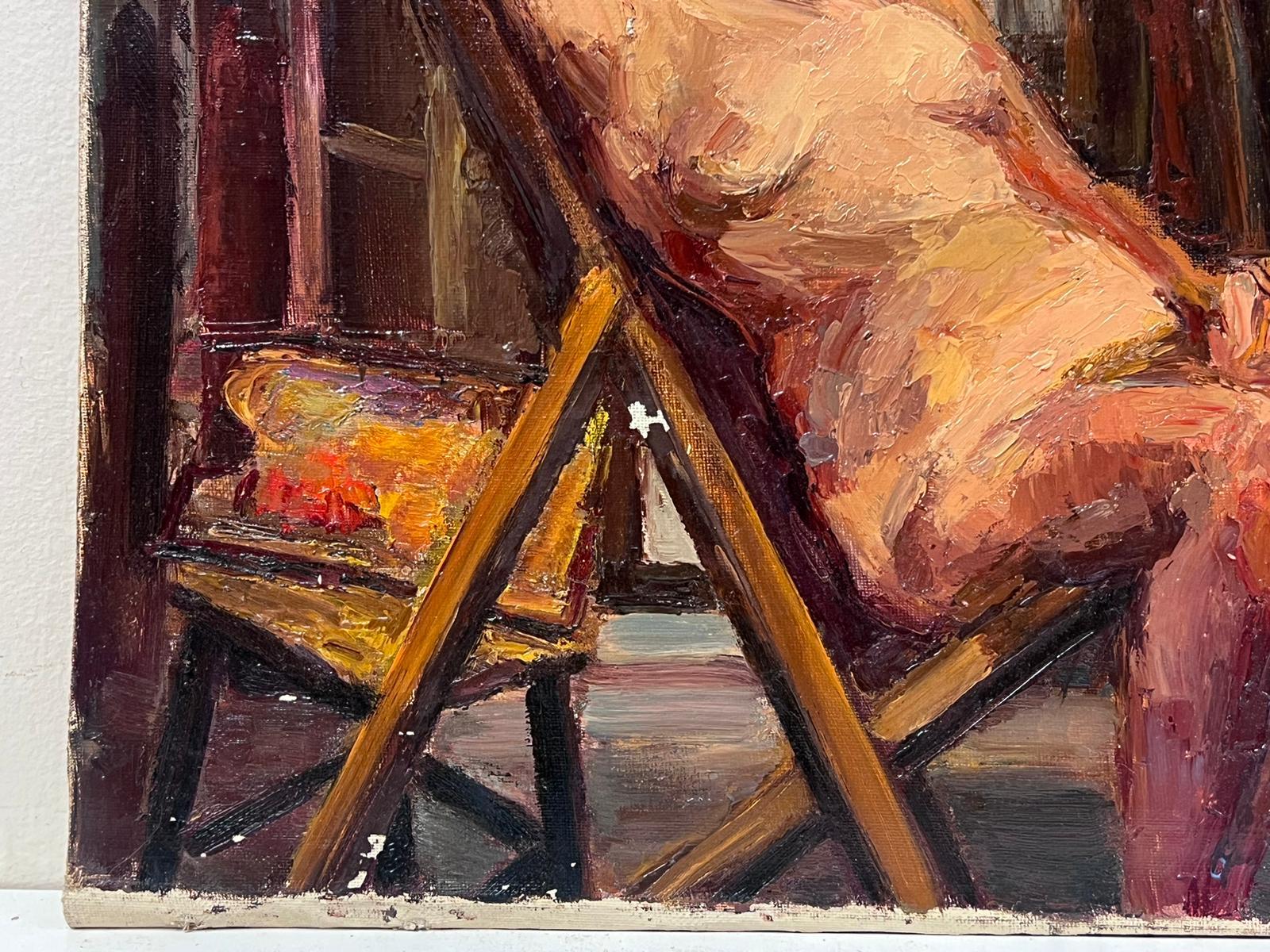 Französische postimpressionistische signierte nackte Künstlerin, Studio-Interieur-Staffeleisel, 1950er Jahre (Impressionismus), Painting, von Josine Vignon