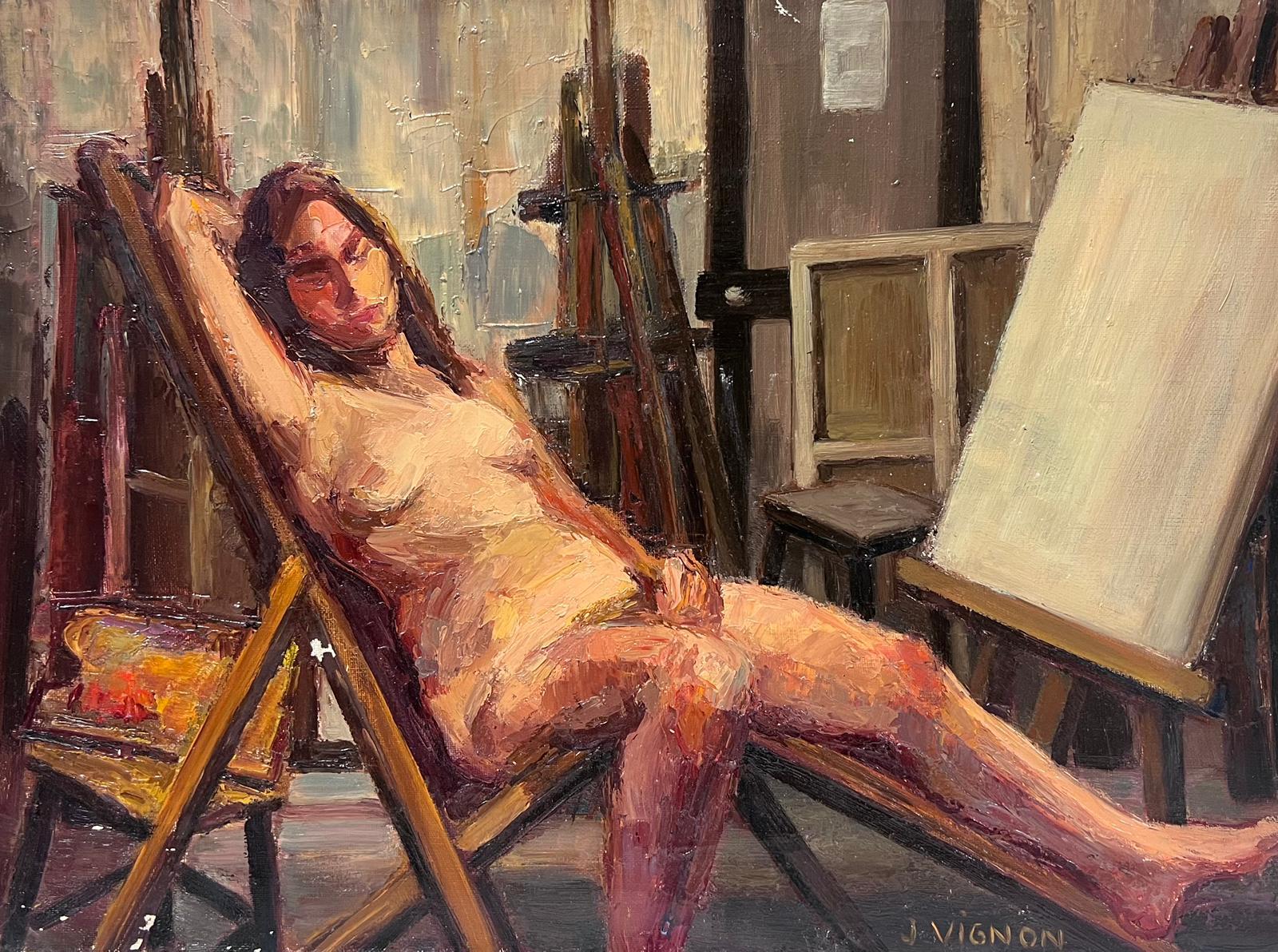 Josine Vignon Nude Painting – Französische postimpressionistische signierte nackte Künstlerin, Studio-Interieur-Staffeleisel, 1950er Jahre