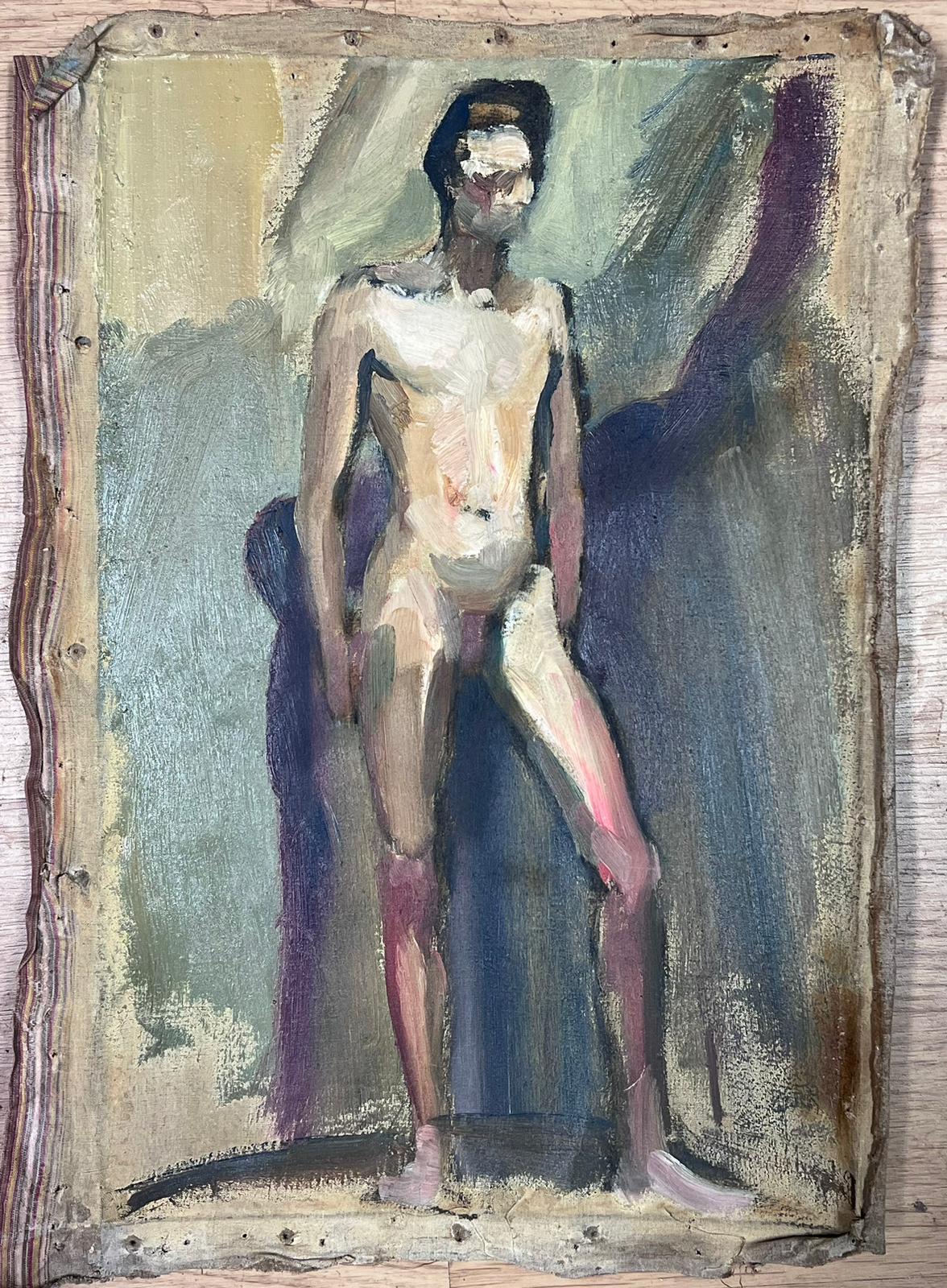1950s French Post Impressionist Signed Nude Man Artists Posed Model  - Painting by Josine Vignon