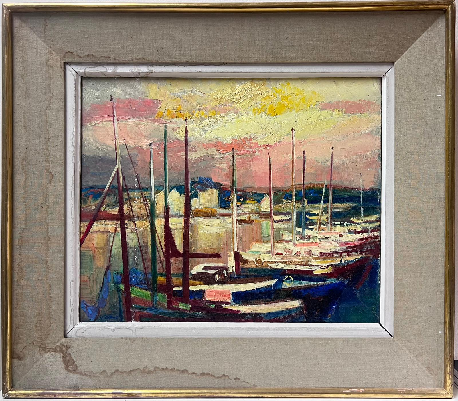 1950s French Post Impressionist Signed Oil Boats in Sunset Harbour Scene - Painting by Josine Vignon