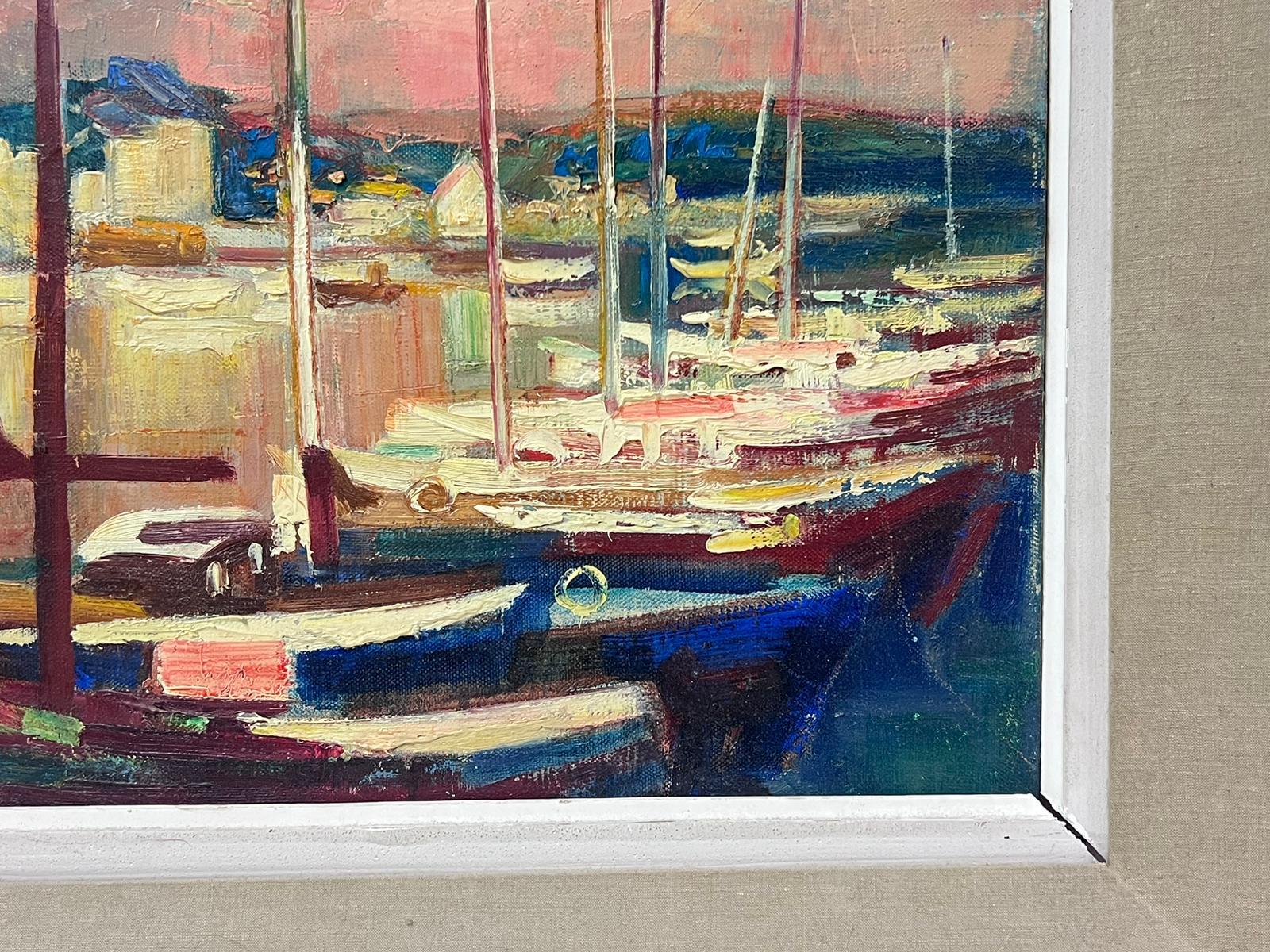 1950s French Post Impressionist Signed Oil Boats in Sunset Harbour Scene For Sale 2