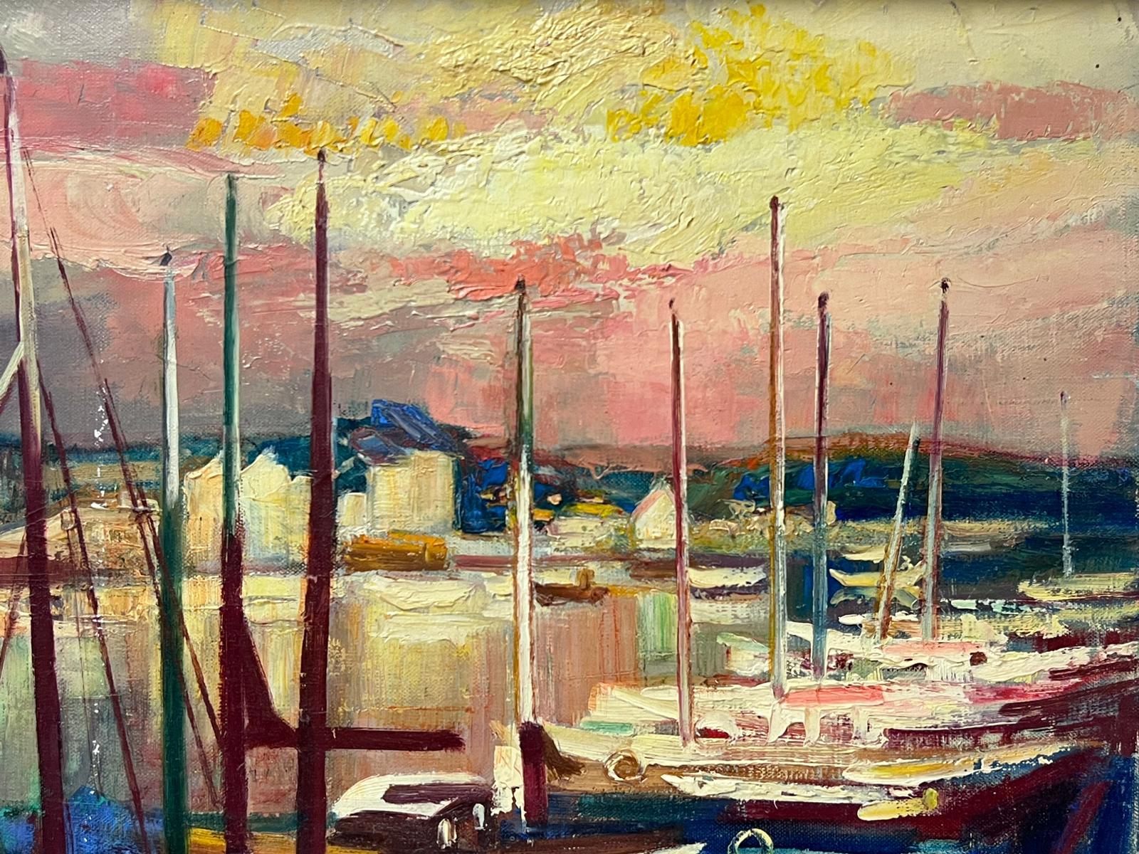 1950s French Post Impressionist Signed Oil Boats in Sunset Harbour Scene For Sale 3