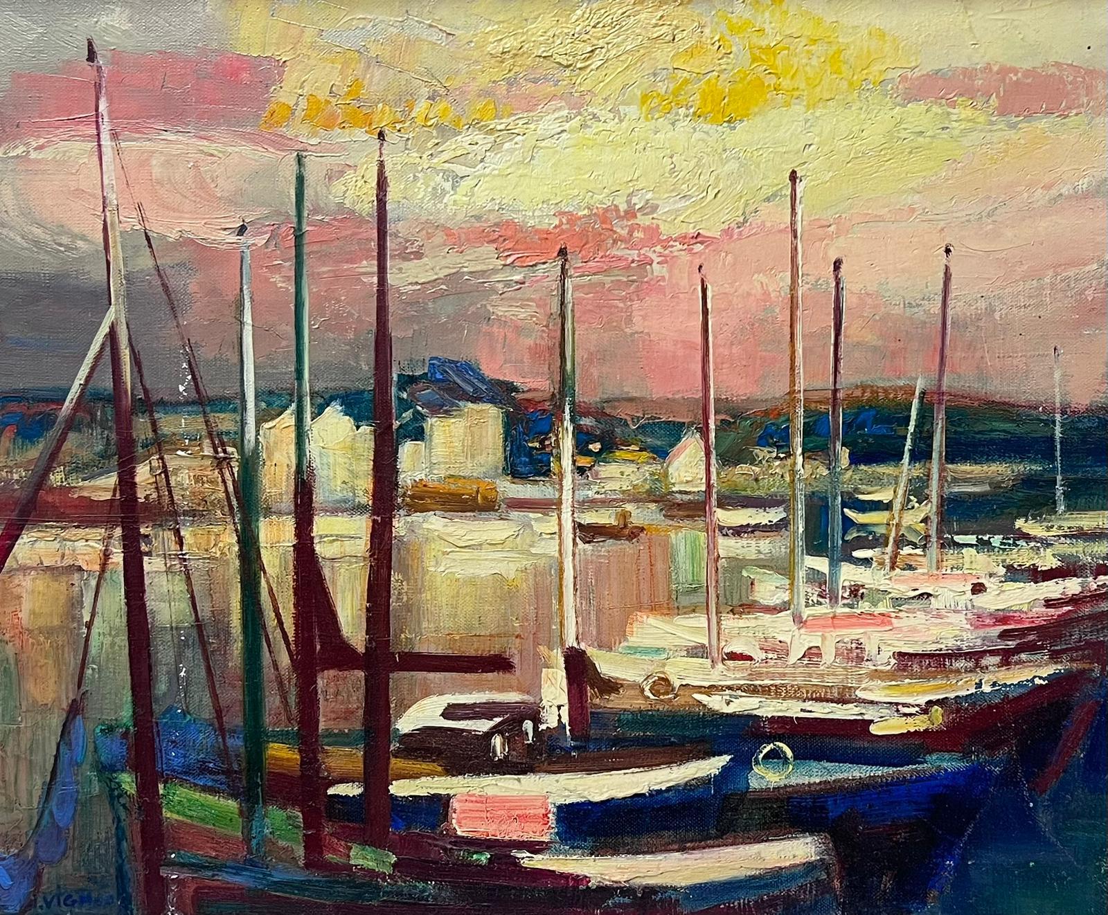 Josine Vignon Landscape Painting - 1950s French Post Impressionist Signed Oil Boats in Sunset Harbour Scene