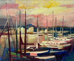 1950er Jahre Französisch Post Impressionist signiert Öl Boote im Sonnenuntergang Hafenszene