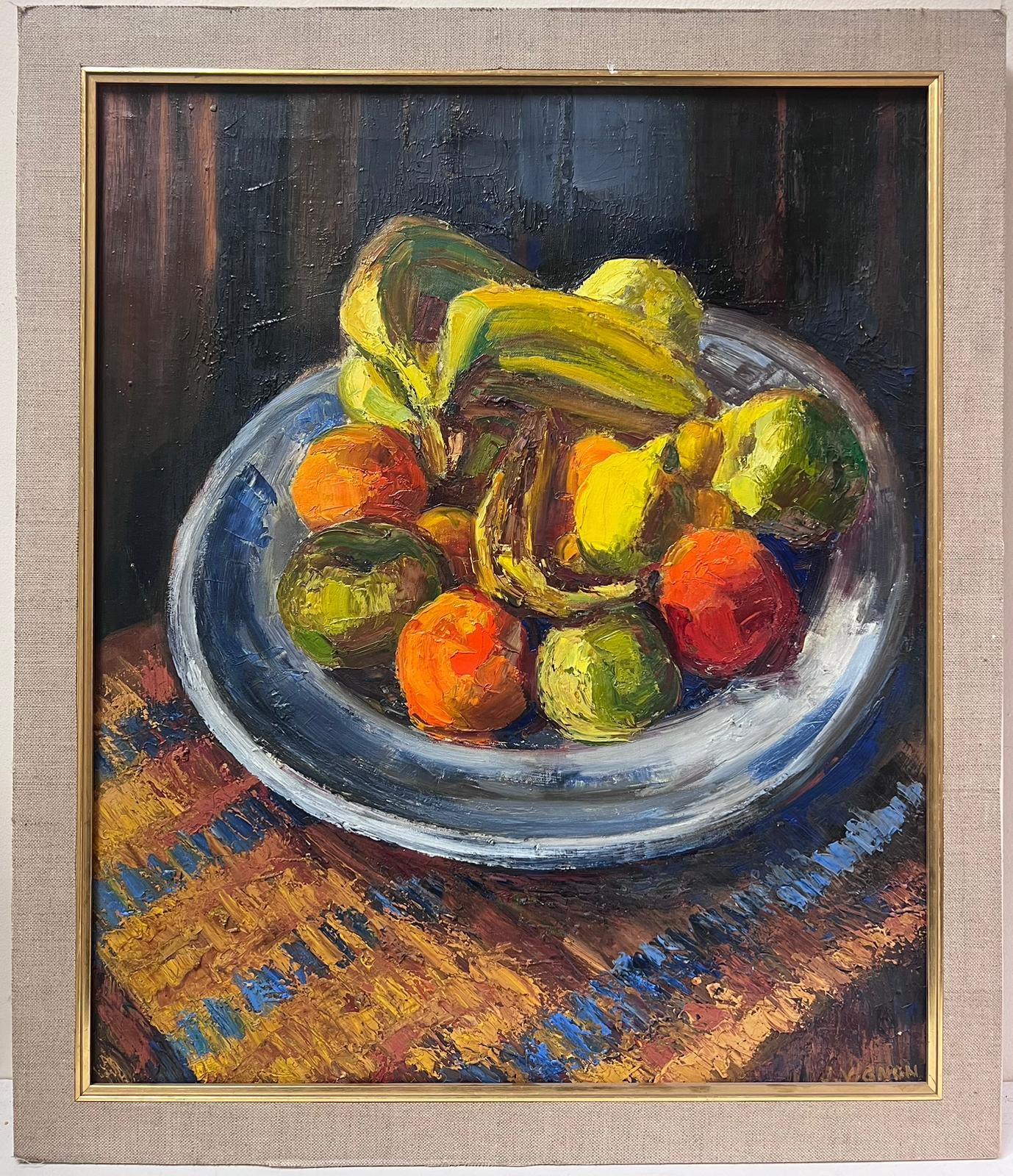 1950s French Post Impressionist Signed Oil Bowl of Fruit Bananas & Oranges - Painting by Josine Vignon
