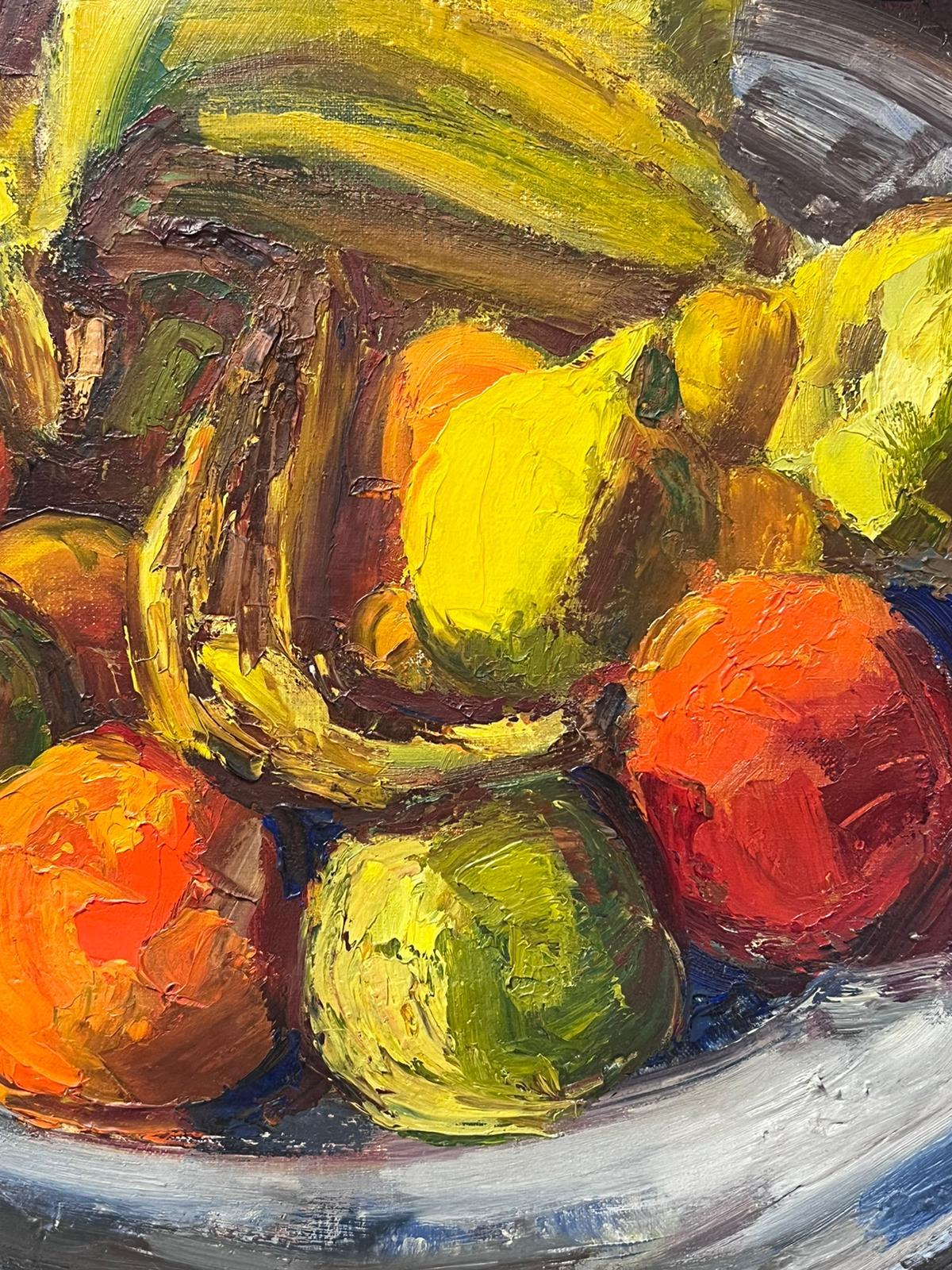1950s French Post Impressionist Signed Oil Bowl of Fruit Bananas & Oranges For Sale 1
