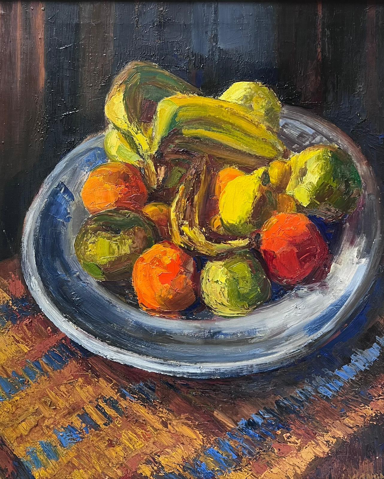 Josine Vignon Still-Life Painting - 1950s French Post Impressionist Signed Oil Bowl of Fruit Bananas & Oranges