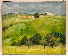 1950's French Post Impressionist Signed Oil Green Landscape & Fields
