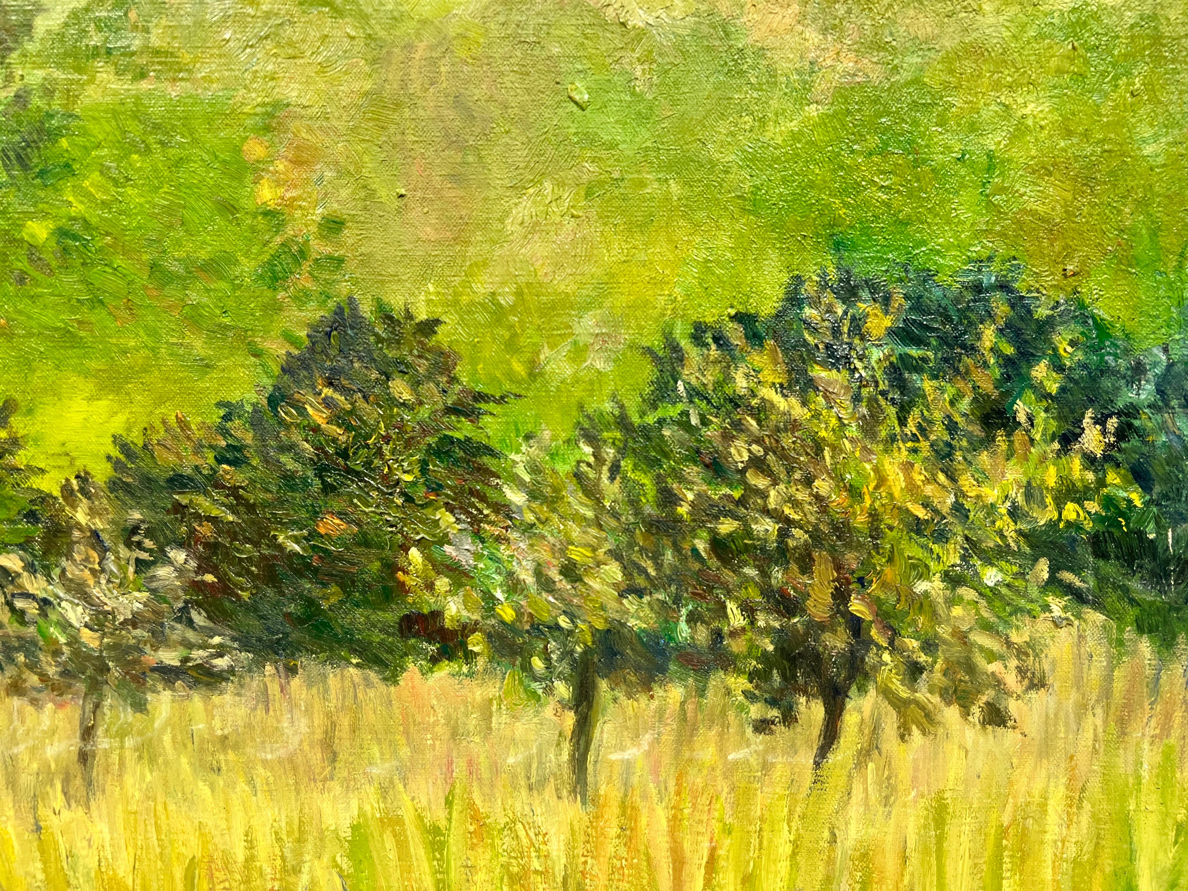 1950's Óleo Francés Post Impresionista Firmado Paisaje y Campos Verdes - Painting Posimpresionista de Josine Vignon