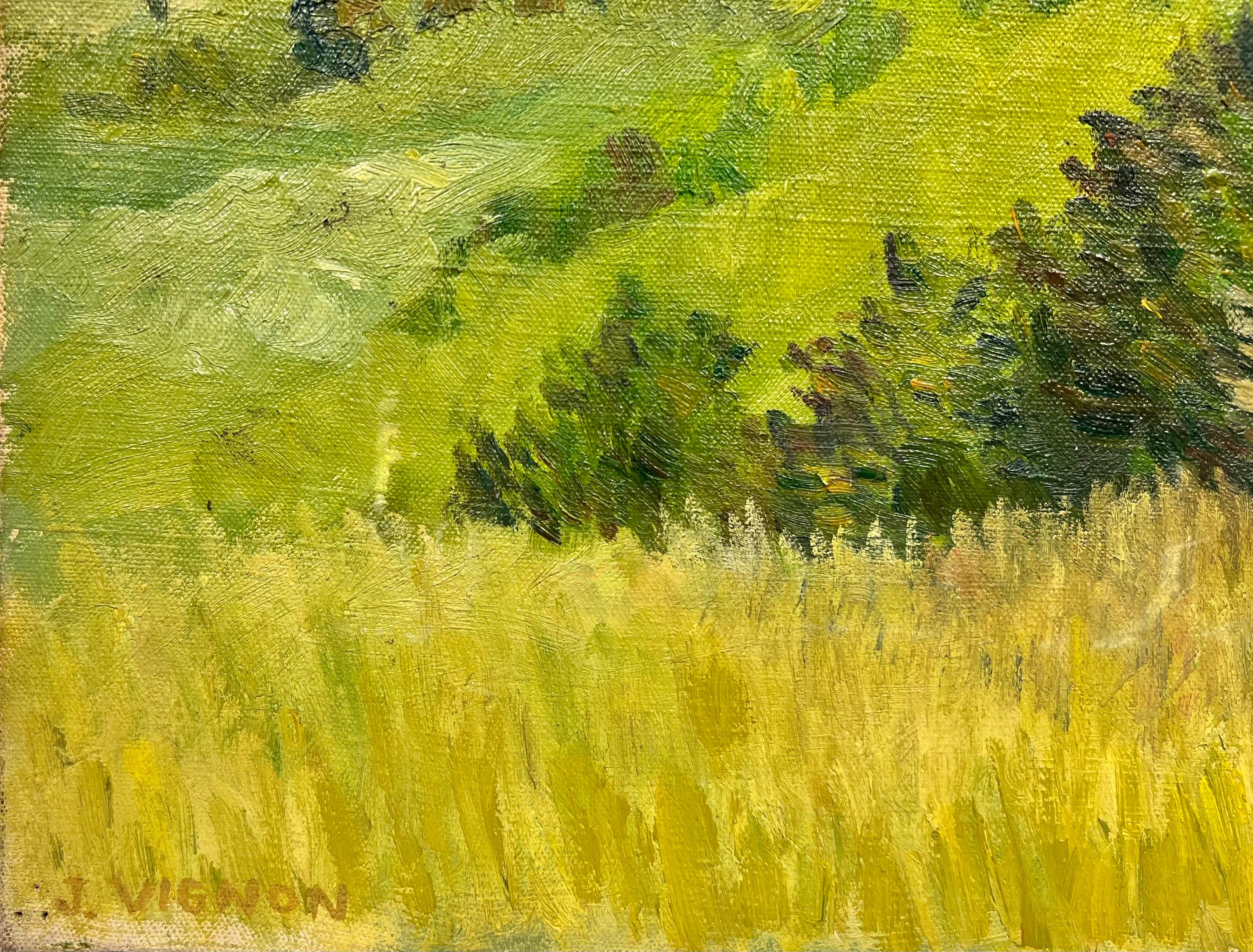 1950's French Post Impressionist Signed Oil Green Landscape & Fields For Sale 1