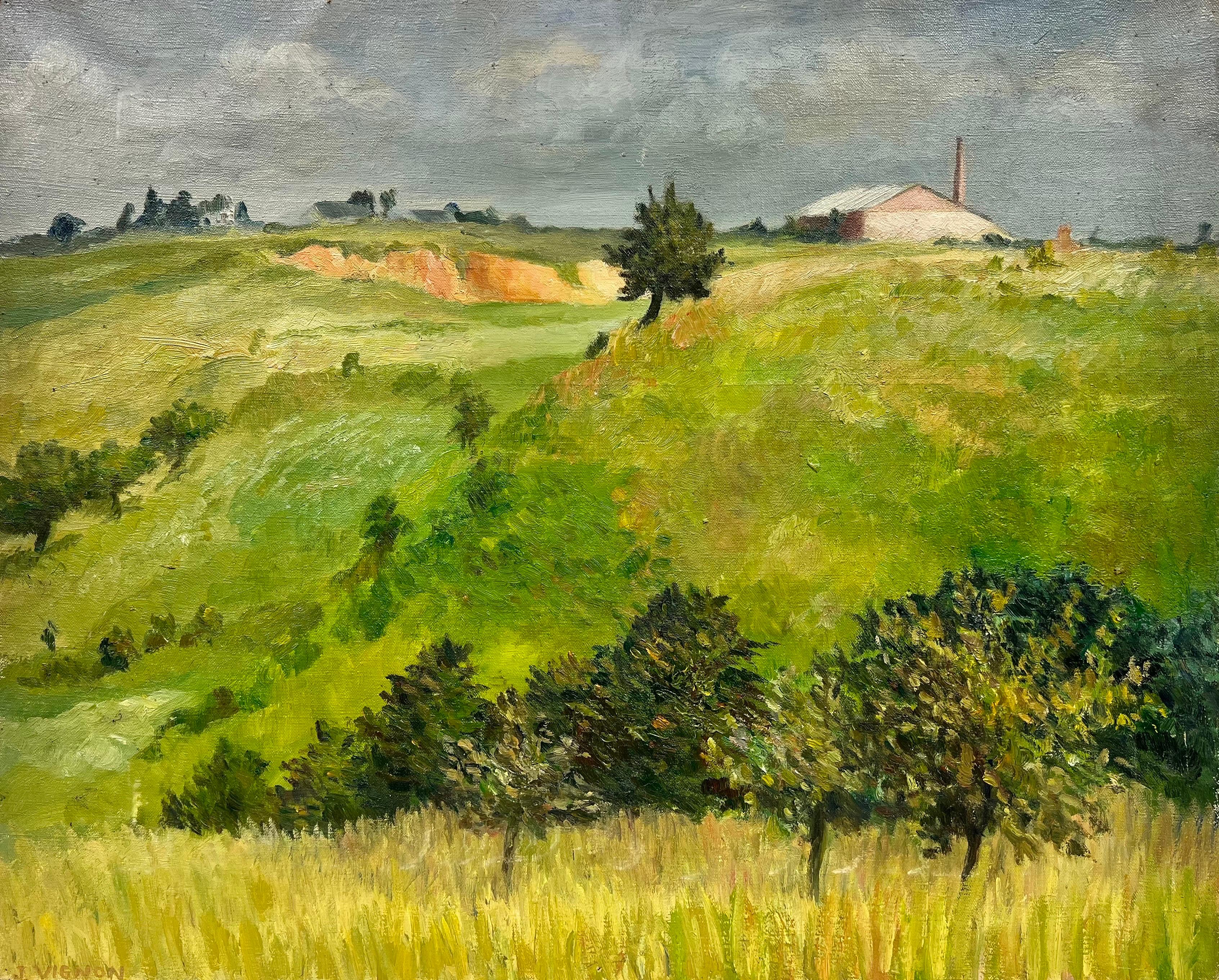 Landscape Painting de Josine Vignon - 1950's Óleo Francés Post Impresionista Firmado Paisaje y Campos Verdes