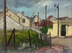 1950s Post Impresionista francés Firmado Óleo Viejo pueblo francés Calles traseras