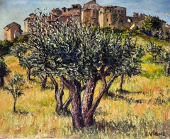 1950s French Post Impressionist Signed Oil Olive Groves in Provence Village