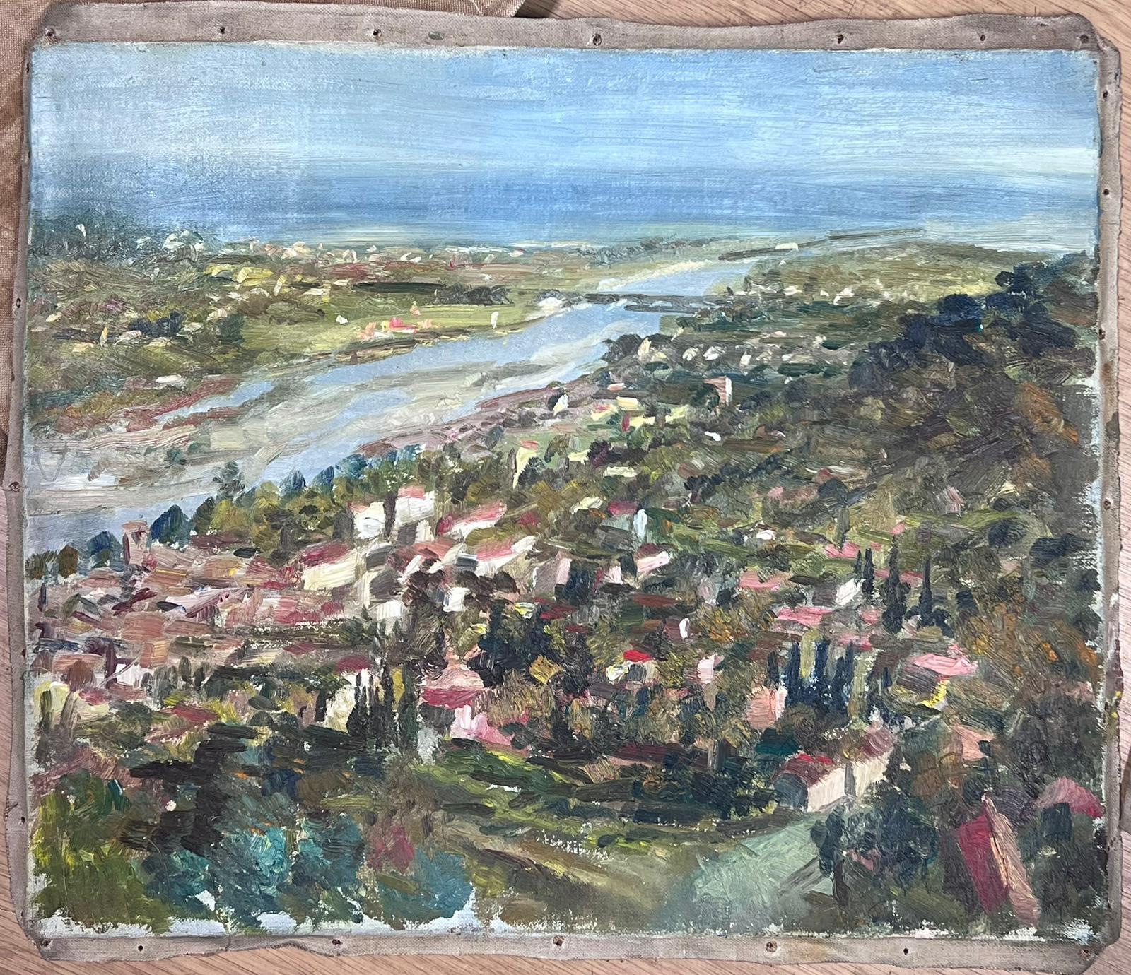 1950s French Post Impressionist Signed Provencal Village Wide View Coast Line - Painting de Josine Vignon